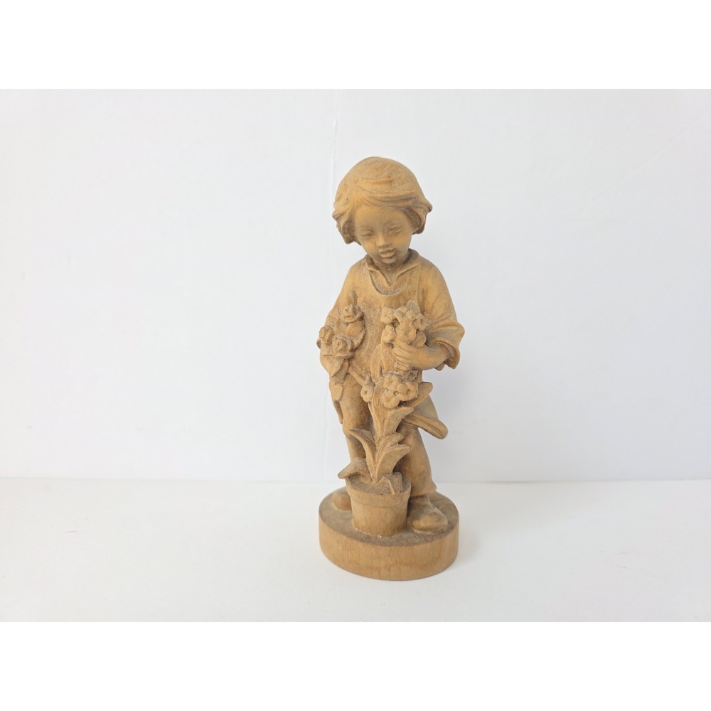 Vintage wood carved figure statue boy with flowers 6 1/4" wooden